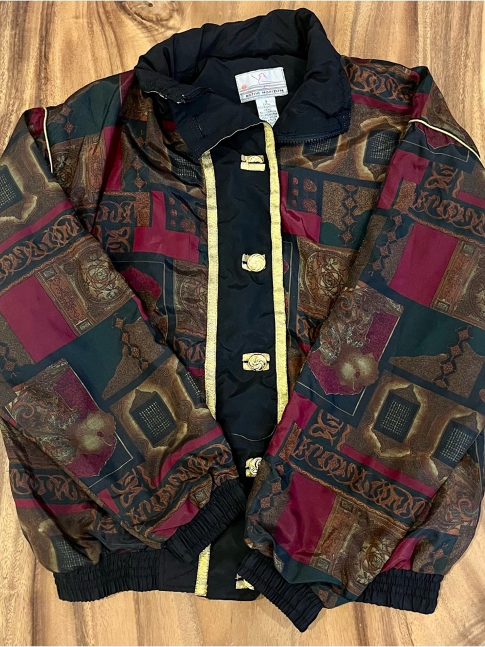 Women's Burgundy & Black Patterned Bomber Jacket with Gold Trim
